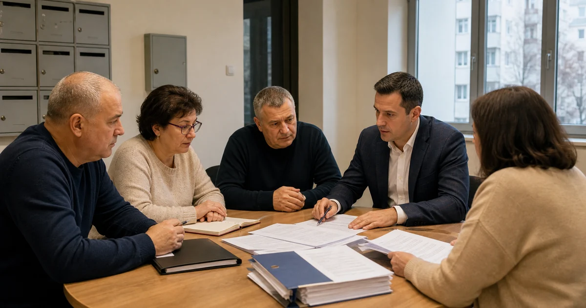 Reprezentanți ai unei asociații de proprietari analizând documente pentru schimbarea administratorului
